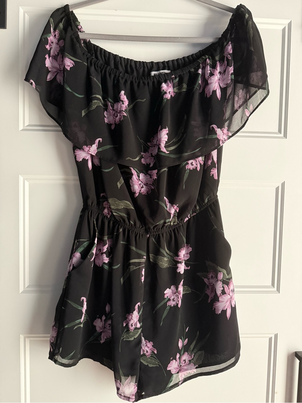BBDakota Black Floral Off-Shoulder Jumper with Lavender Blooms and Pockets